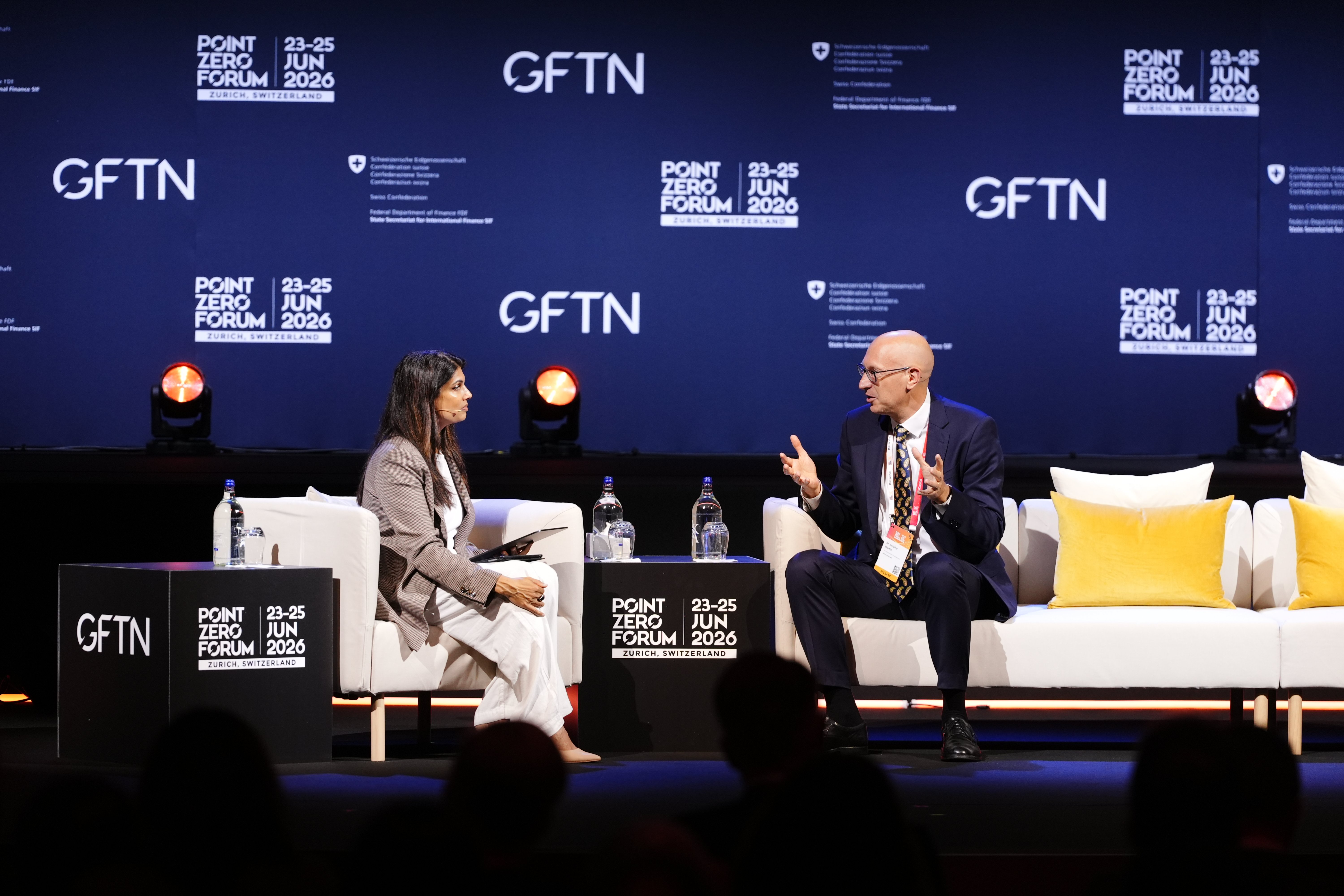 Dr. Antoine Martin, Vice Chairman of the Swiss National Bank, in conversation with host Manisha Tank at Point Zero Forum 2026 in Zurich.